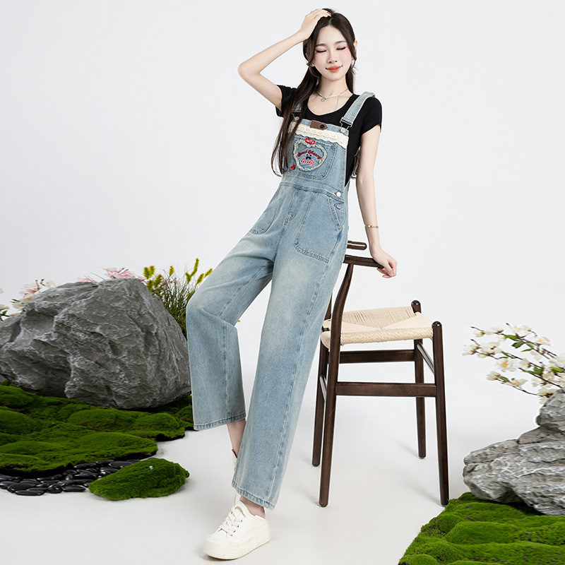 Designer denim overalls for women Spring and Autumn 2024 new cute age-reducing Korean loose straight jumpsuit