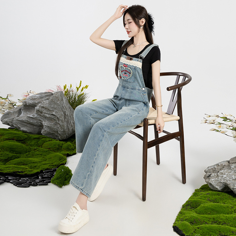 Designer denim overalls for women Spring and Autumn 2024 new cute age-reducing Korean loose straight jumpsuit