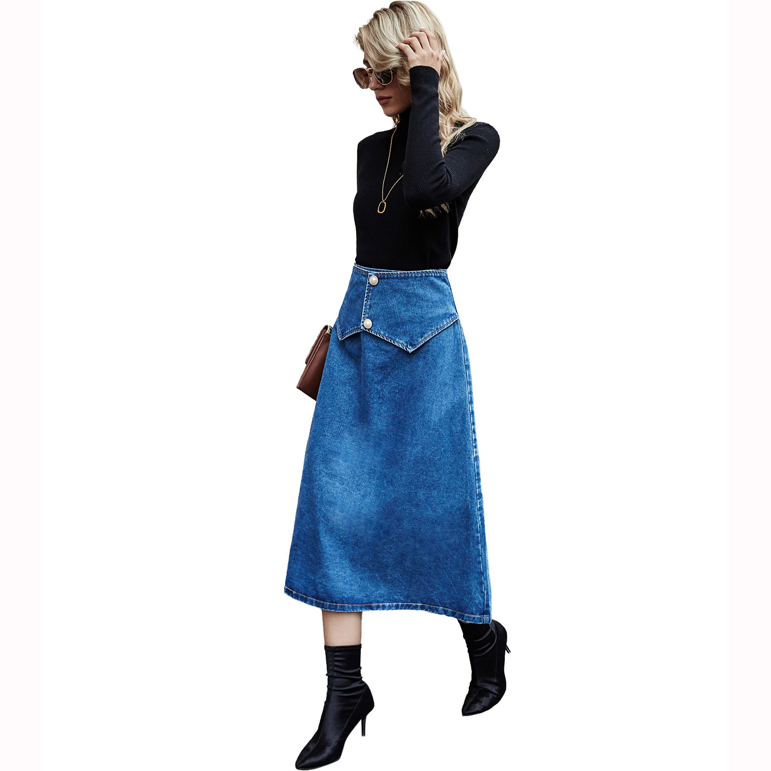 Fashion Summer 2021 Denim Skirt Women Mermaid Trumpet Long Skirt Ruffles Mid-calf High Waist Jeans With Stretchy Cloth