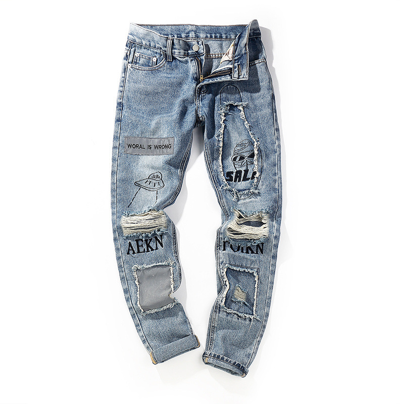 Bufa OEM Denim Factory Mens Pants Fashion Slim Distressed Trousers Embroidered Patched Knee Hole Denim Jeans