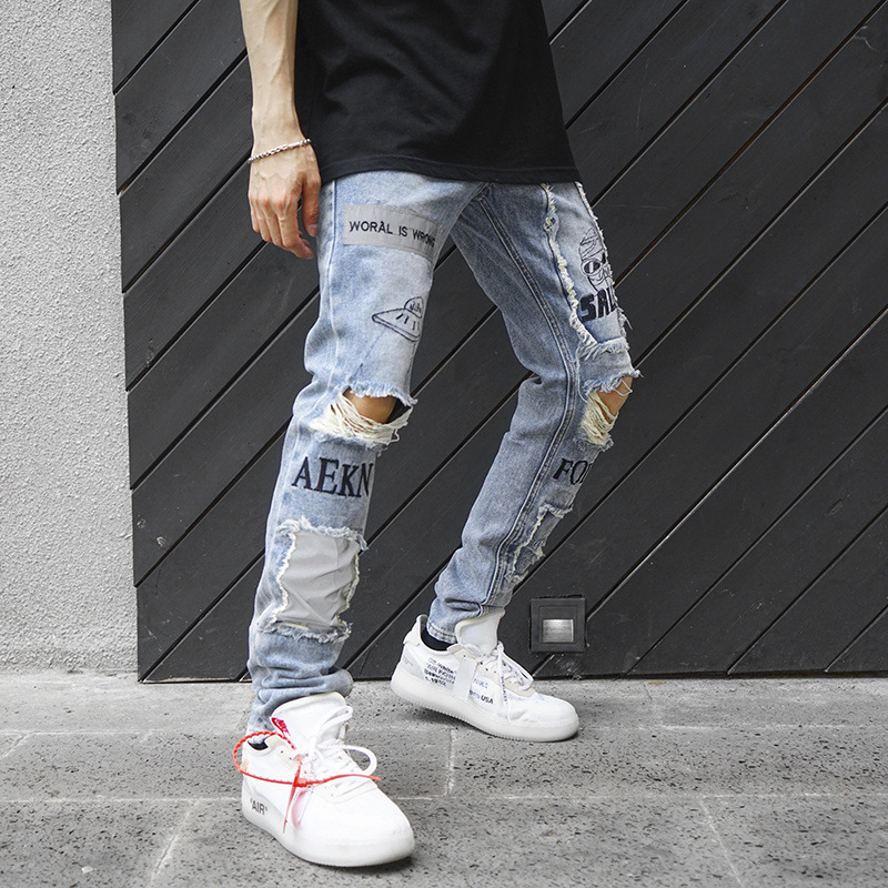 Bufa OEM Denim Factory Mens Pants Fashion Slim Distressed Trousers Embroidered Patched Knee Hole Denim Jeans