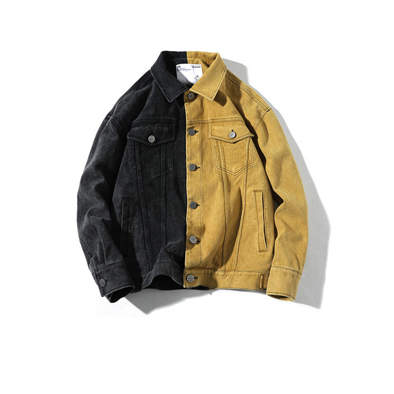 Factory Hottest Men Clothes Turn Down Collar Denim Black Yellow Patchwork Fashion Jacket