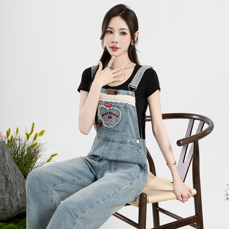 Designer denim overalls for women Spring and Autumn 2024 new cute age-reducing Korean loose straight jumpsuit