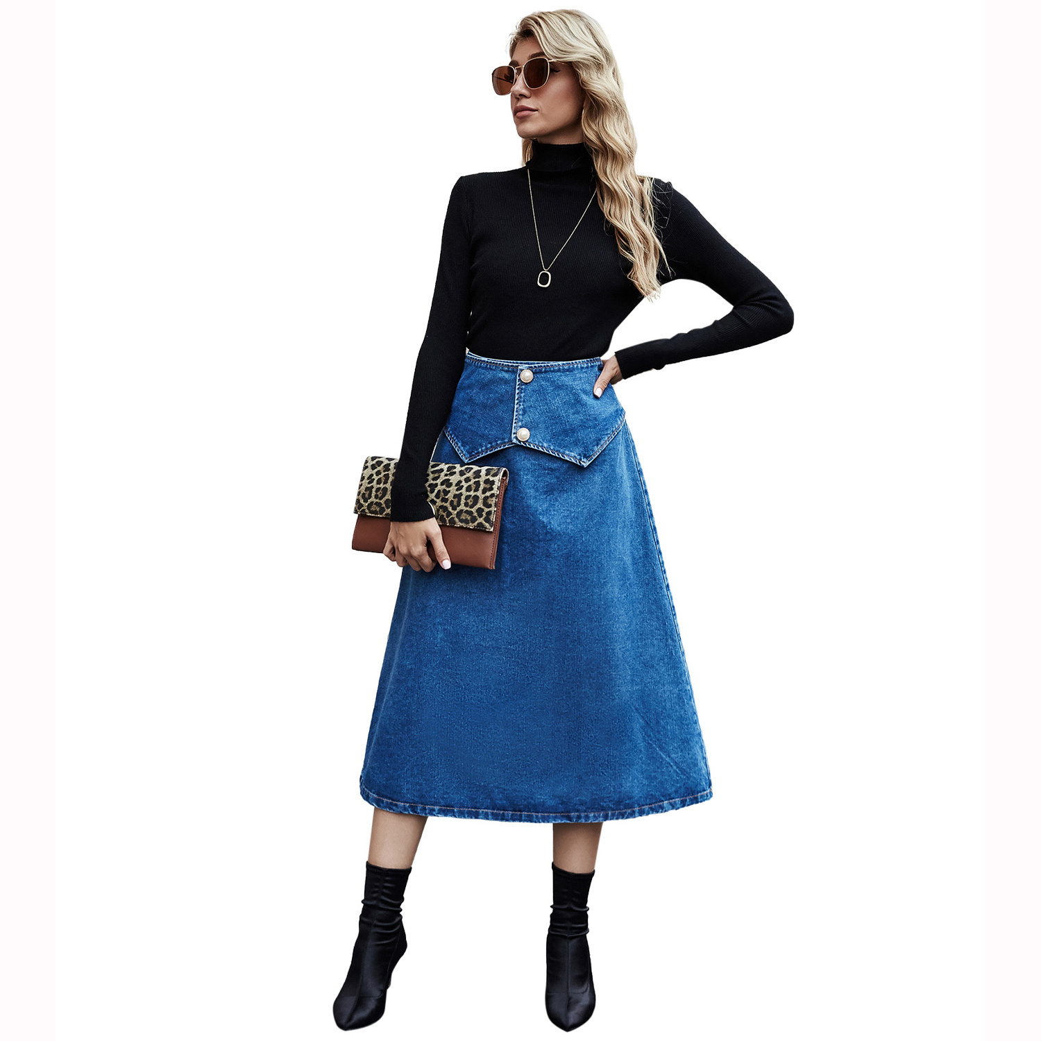 Fashion Summer 2021 Denim Skirt Women Mermaid Trumpet Long Skirt Ruffles Mid-calf High Waist Jeans With Stretchy Cloth