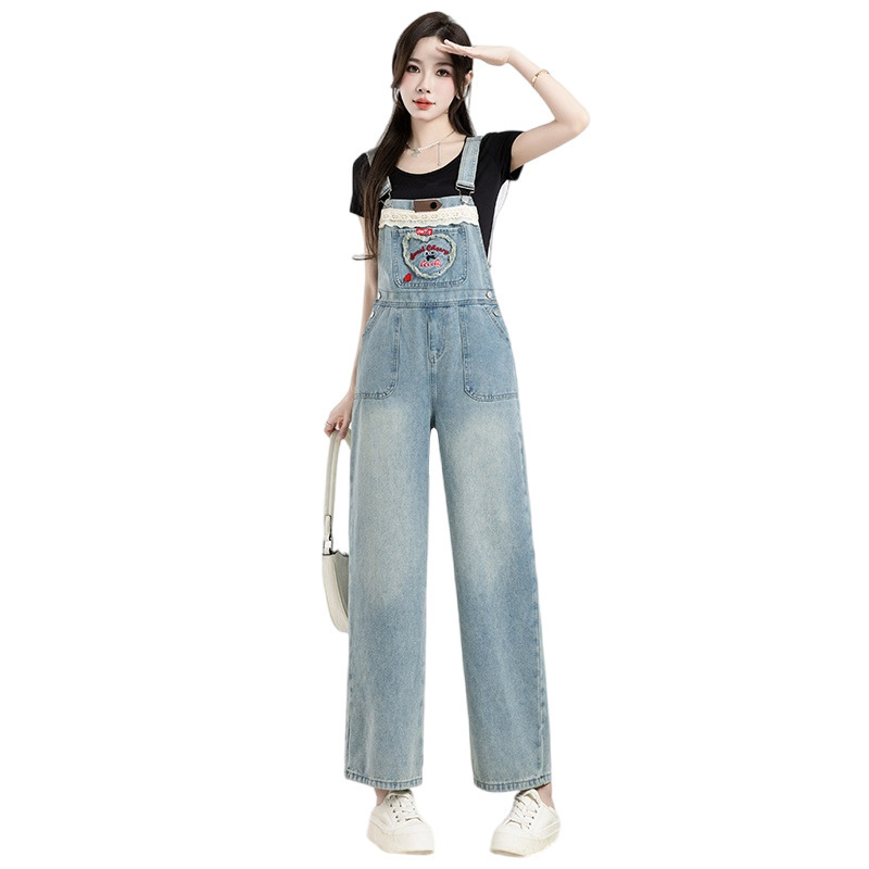 Designer denim overalls for women Spring and Autumn 2024 new cute age-reducing Korean loose straight jumpsuit