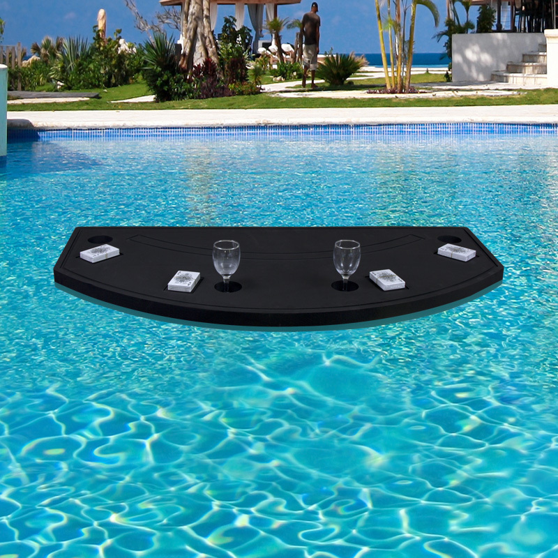 floating game or card table for swimming pools or beach parties with a floating lounge chair and durable drink rack waterproof