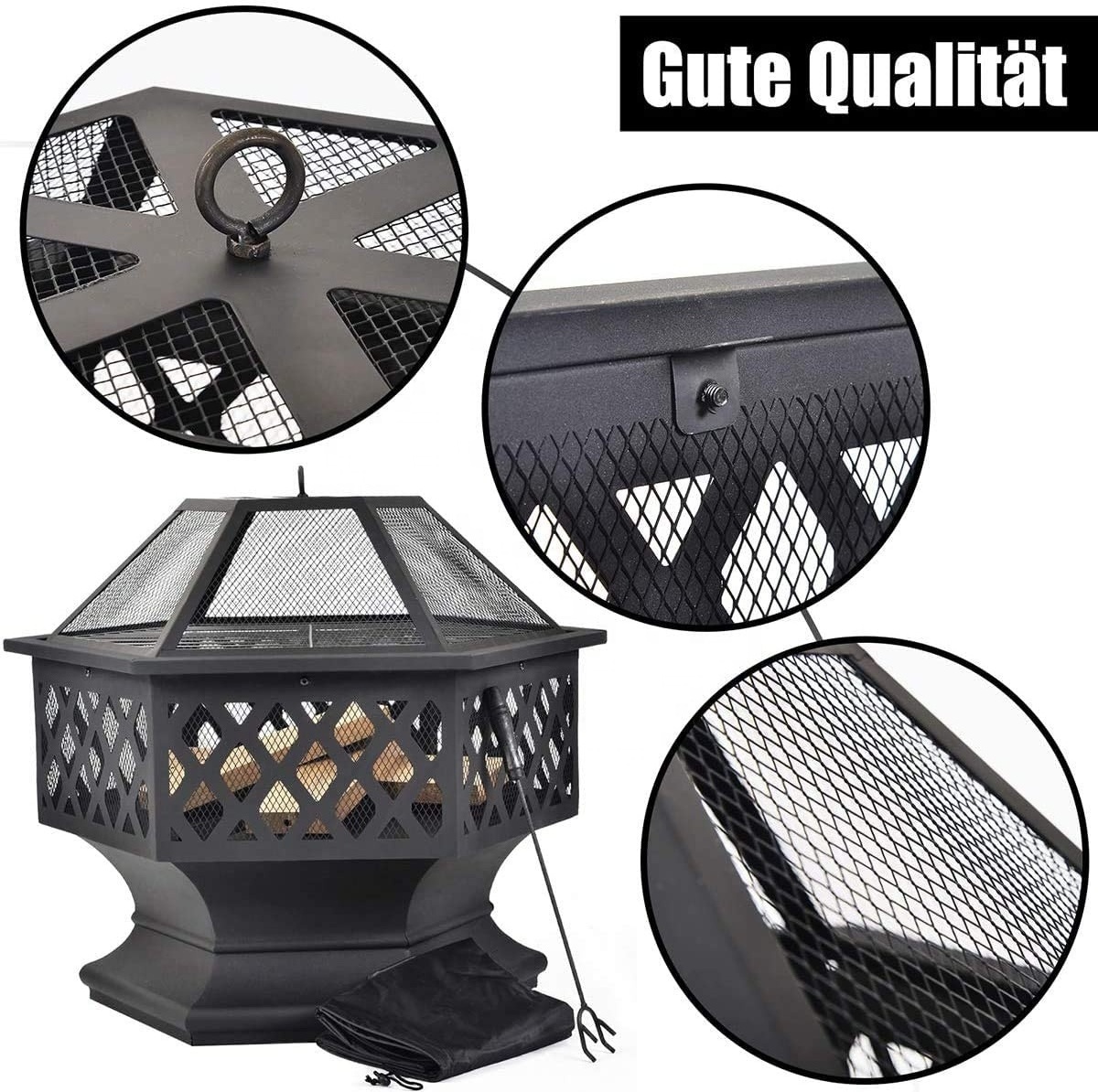 Outdoor Gas Garden Large Terrace Fire Pit with Grill  Poker & Protective Grille Fire Basket with Waterproof Protective Cover