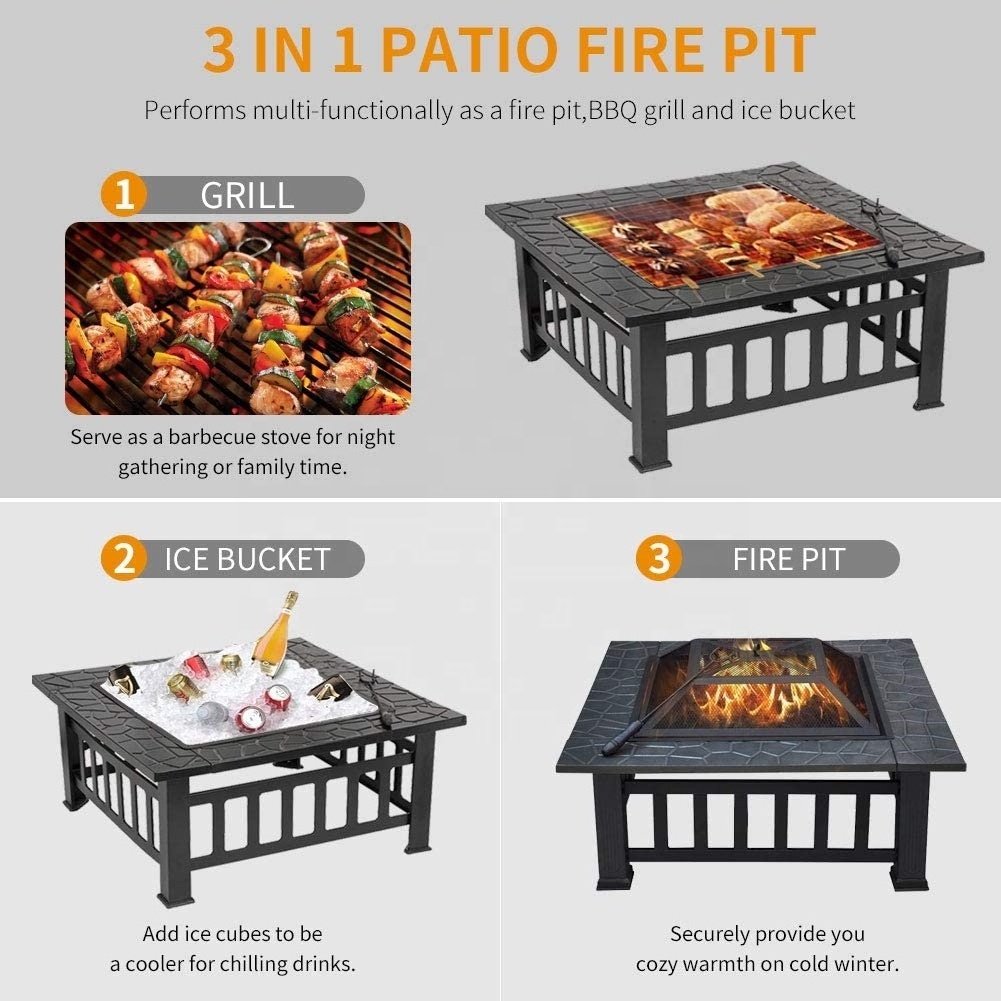 Outdoor Gas Fire Pit 32 Inch Bonfire Wood Burning Firepit Square Fire Table Patio Cooler Grill Firepits Mesh Spark Screen Cover