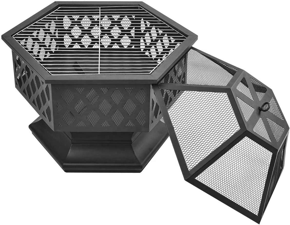 Outdoor Gas Garden Large Terrace Fire Pit with Grill  Poker & Protective Grille Fire Basket with Waterproof Protective Cover