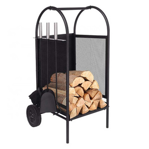 Black Wrought Iron Firewood Rack Log Cart With Wheel