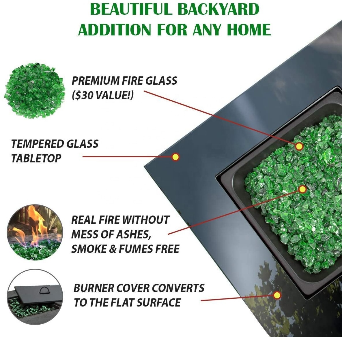 Outdoor Propane Gas Fire Pit Table  Black Glass Top Fire  Green Fire Outdoor