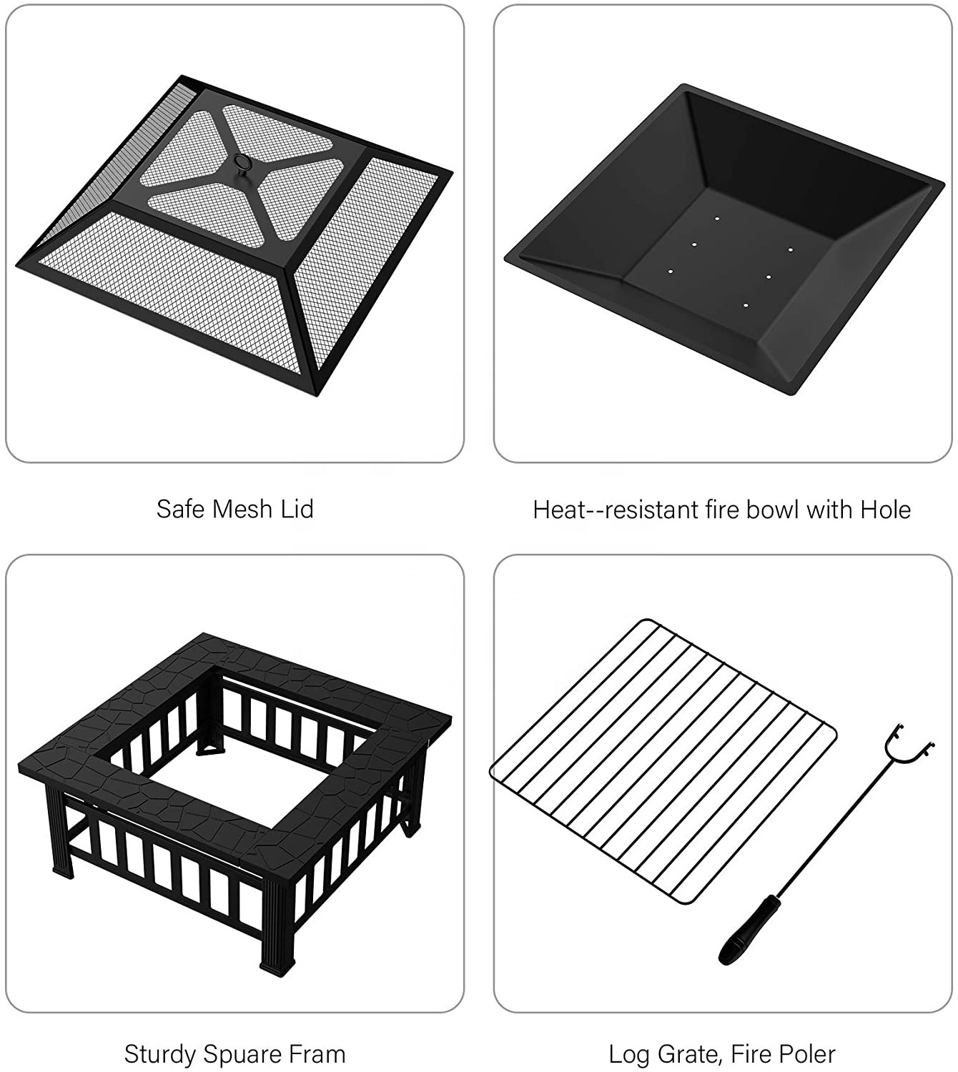 Outdoor Gas Fire Pit Table with Ceramic Tile Tabletop Wood Burning with Spark Screen Cover and Poker