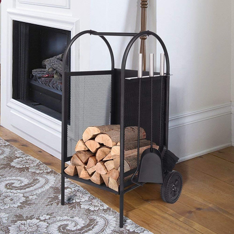 Black Wrought Iron Firewood Rack Log Cart With Wheel