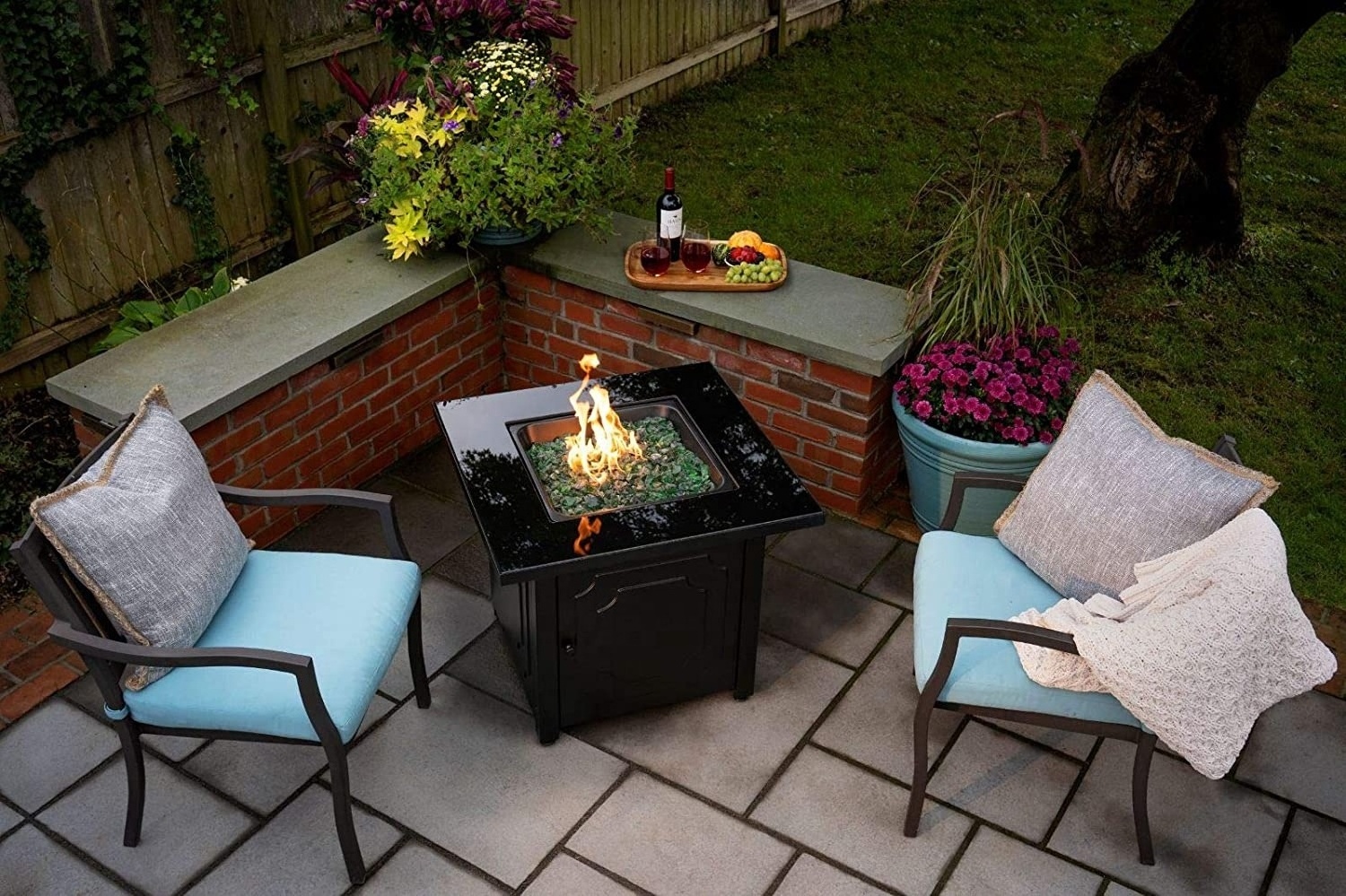 Outdoor Propane Gas Fire Pit Table  Black Glass Top Fire  Green Fire Outdoor