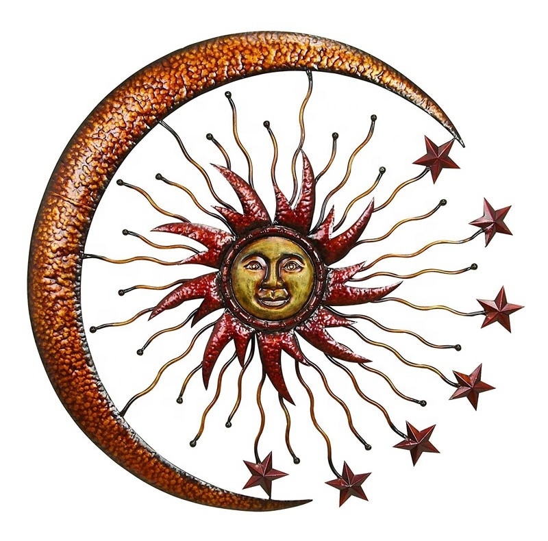 Gold Brown Sun And  Moon Metal Wall Decor With Stars