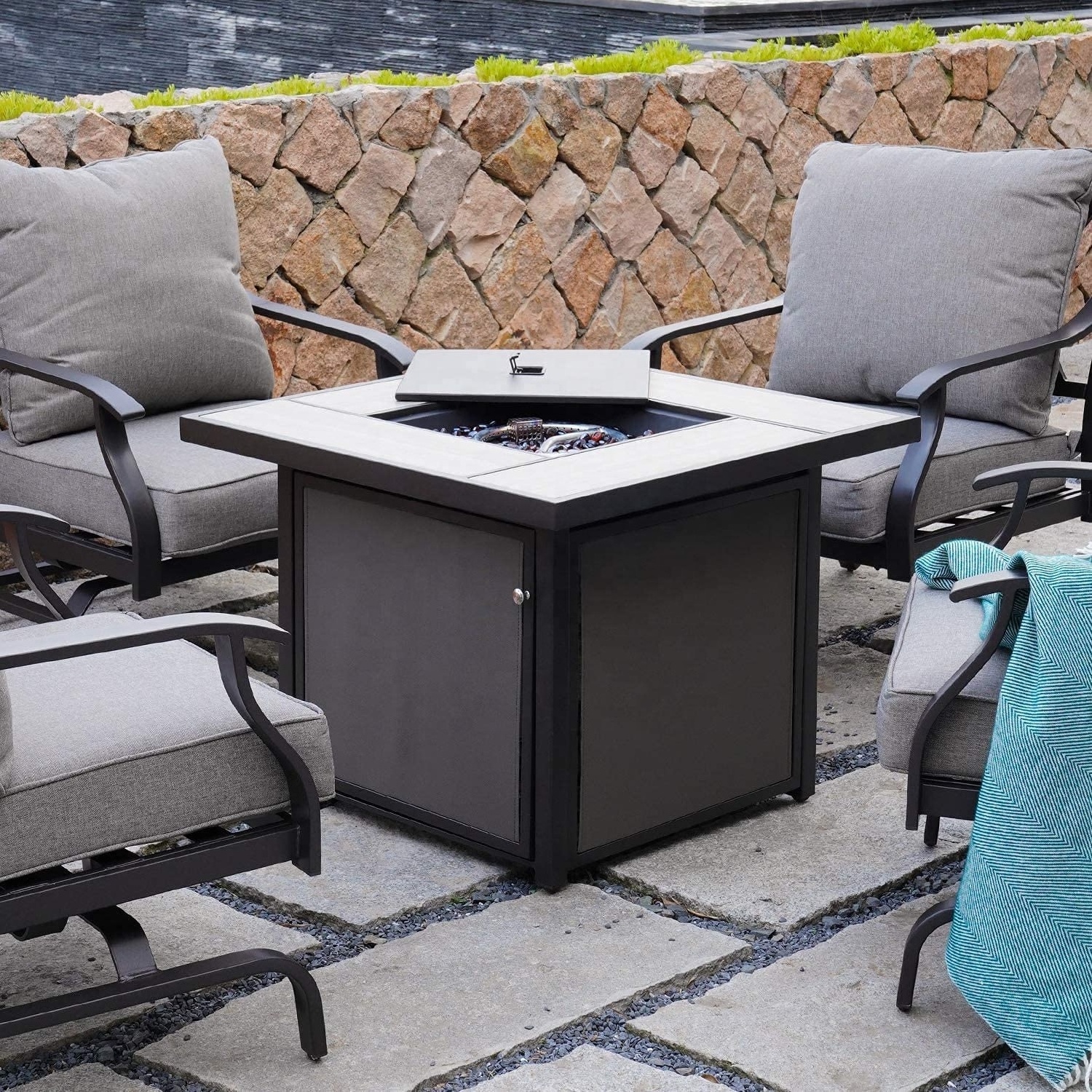 Propane Outdoor Gas Fire Pit Table 32 inch Outdoor Square Gas Fire Table with Lid  Ceramic Tile Firepit