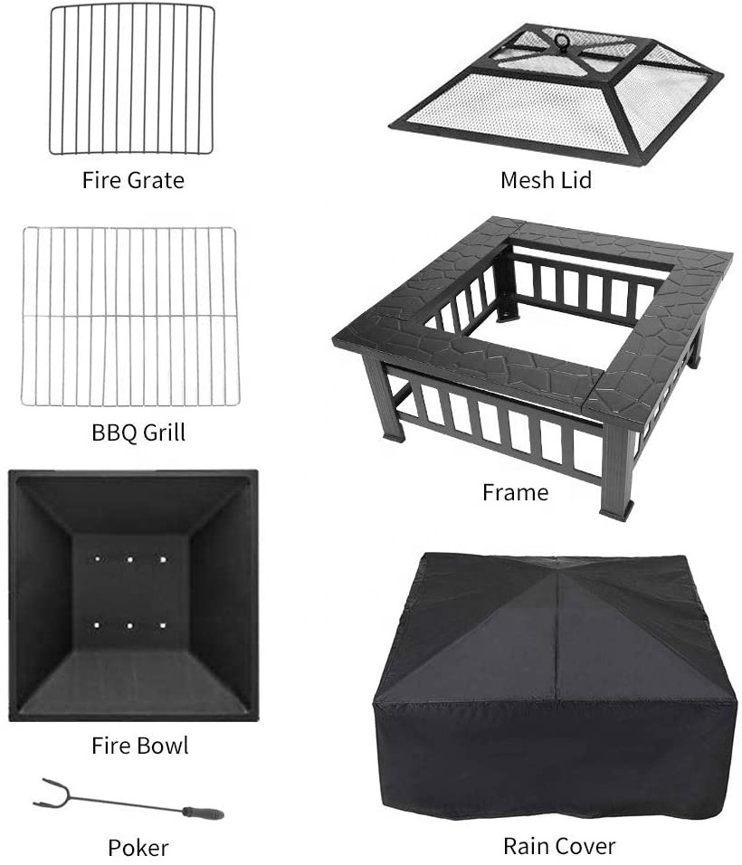 Outdoor Gas Fire Pit 32 Inch Bonfire Wood Burning Firepit Square Fire Table Patio Cooler Grill Firepits Mesh Spark Screen Cover