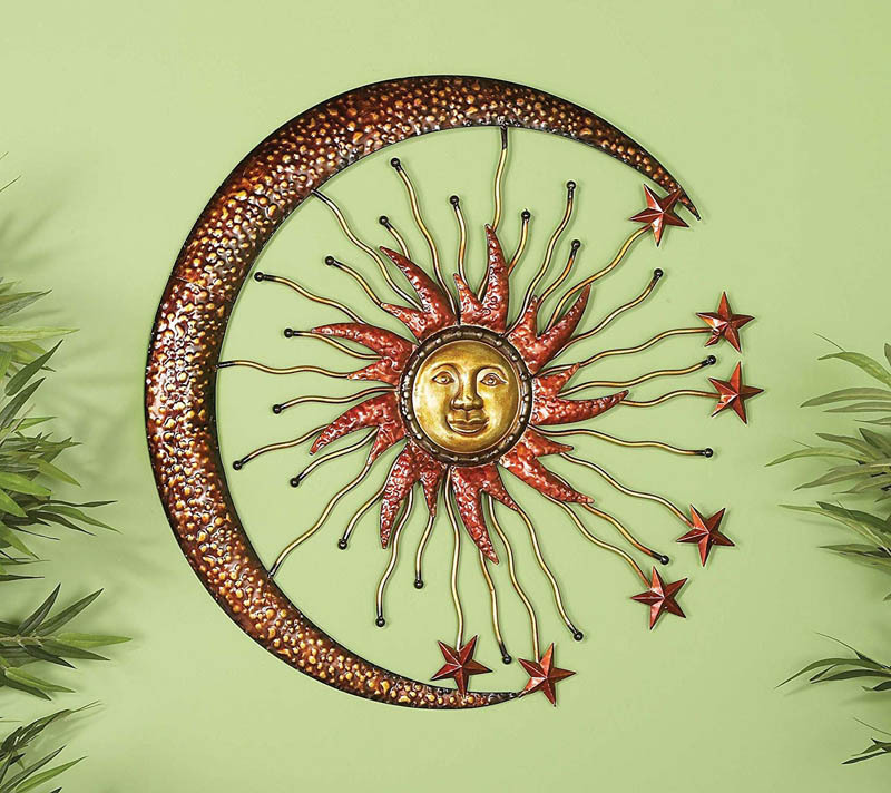 Gold Brown Sun And  Moon Metal Wall Decor With Stars