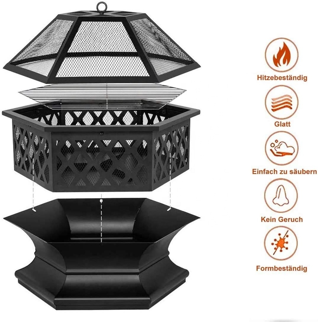 Outdoor Gas Garden Large Terrace Fire Pit with Grill  Poker & Protective Grille Fire Basket with Waterproof Protective Cover