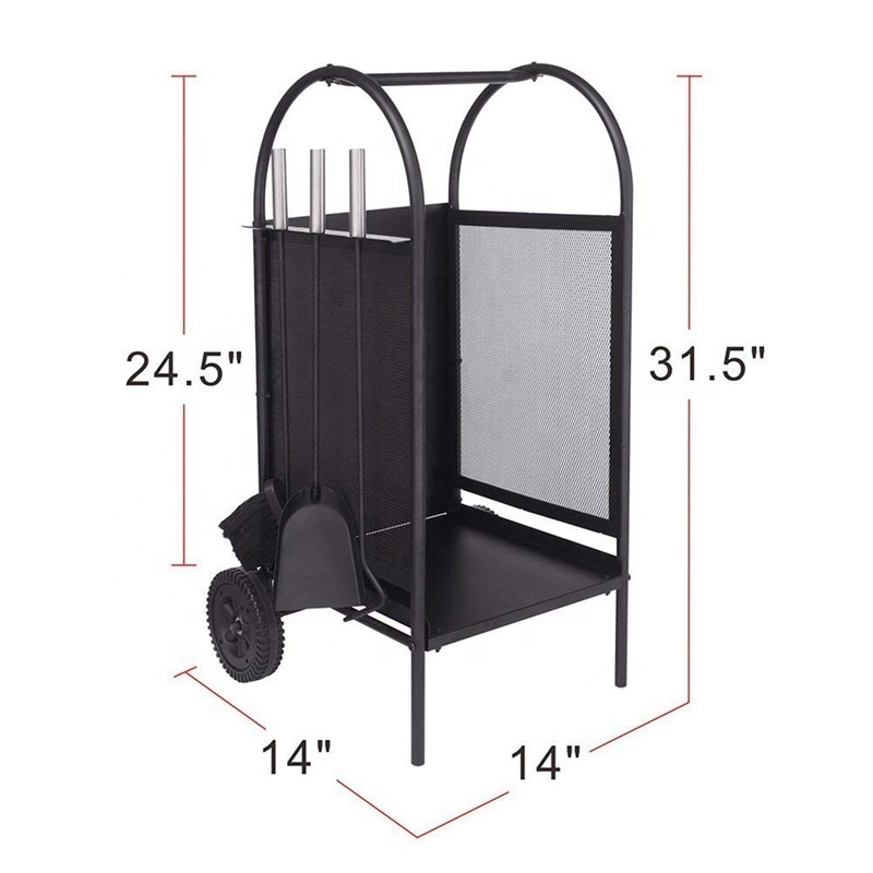 Black Wrought Iron Firewood Rack Log Cart With Wheel