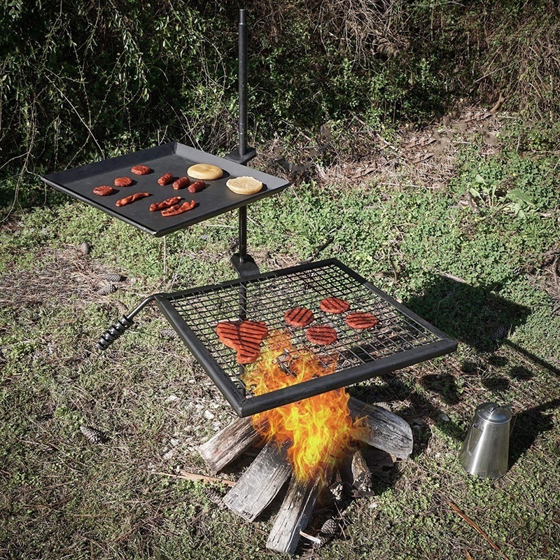 Adjustable Cast Iron BBQ Grill With Fire Pit Cooking Grate