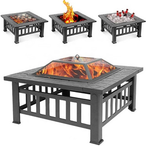 Outdoor Gas Fire Pit 32 Inch Bonfire Wood Burning Firepit Square Fire Table Patio Cooler Grill Firepits Mesh Spark Screen Cover