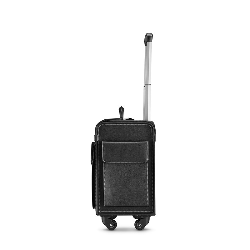 Softside uprights carry on bags flight PU Leather suitcase Black boarding suitcase with universal wheel Pilot Luggage