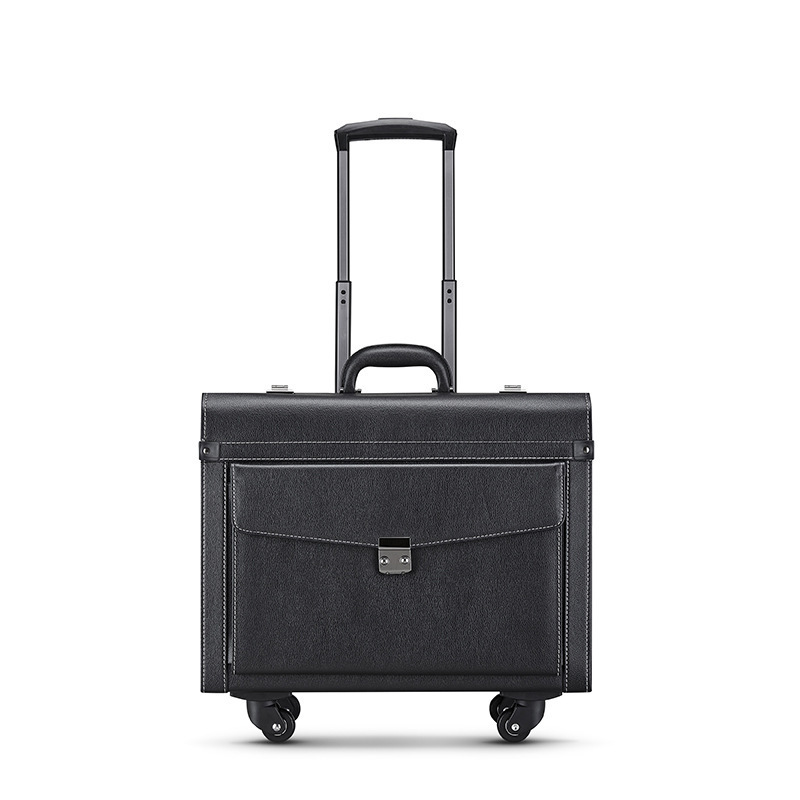 Softside uprights carry on bags flight PU Leather suitcase Black boarding suitcase with universal wheel Pilot Luggage