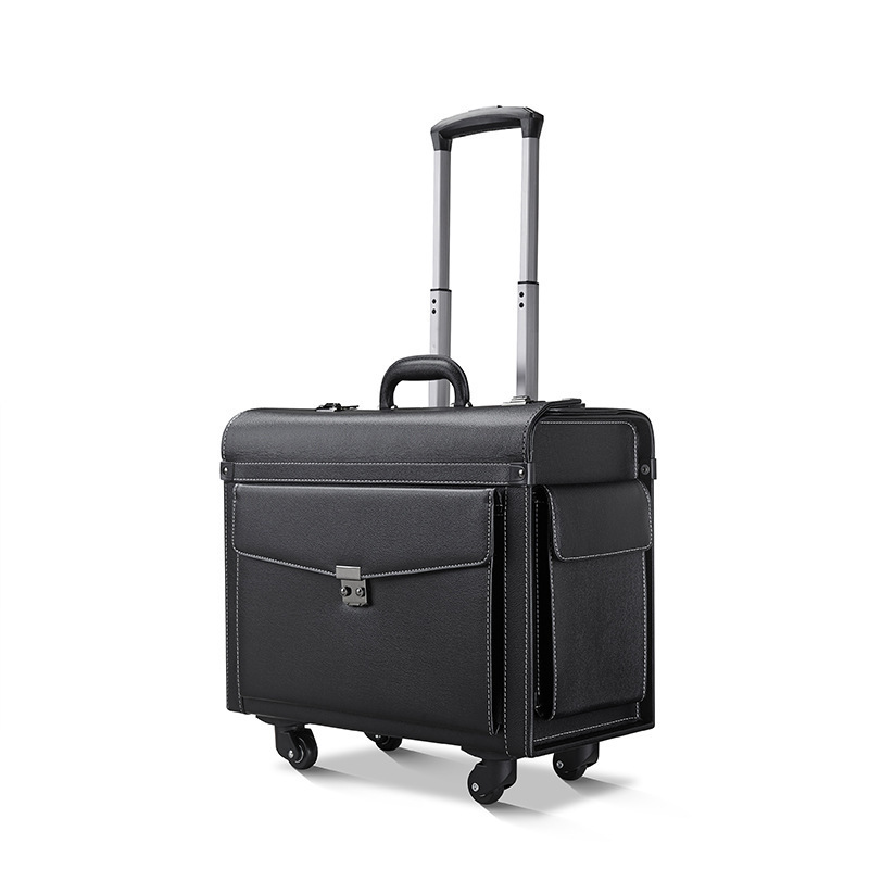 Softside uprights carry on bags flight PU Leather suitcase Black boarding suitcase with universal wheel Pilot Luggage