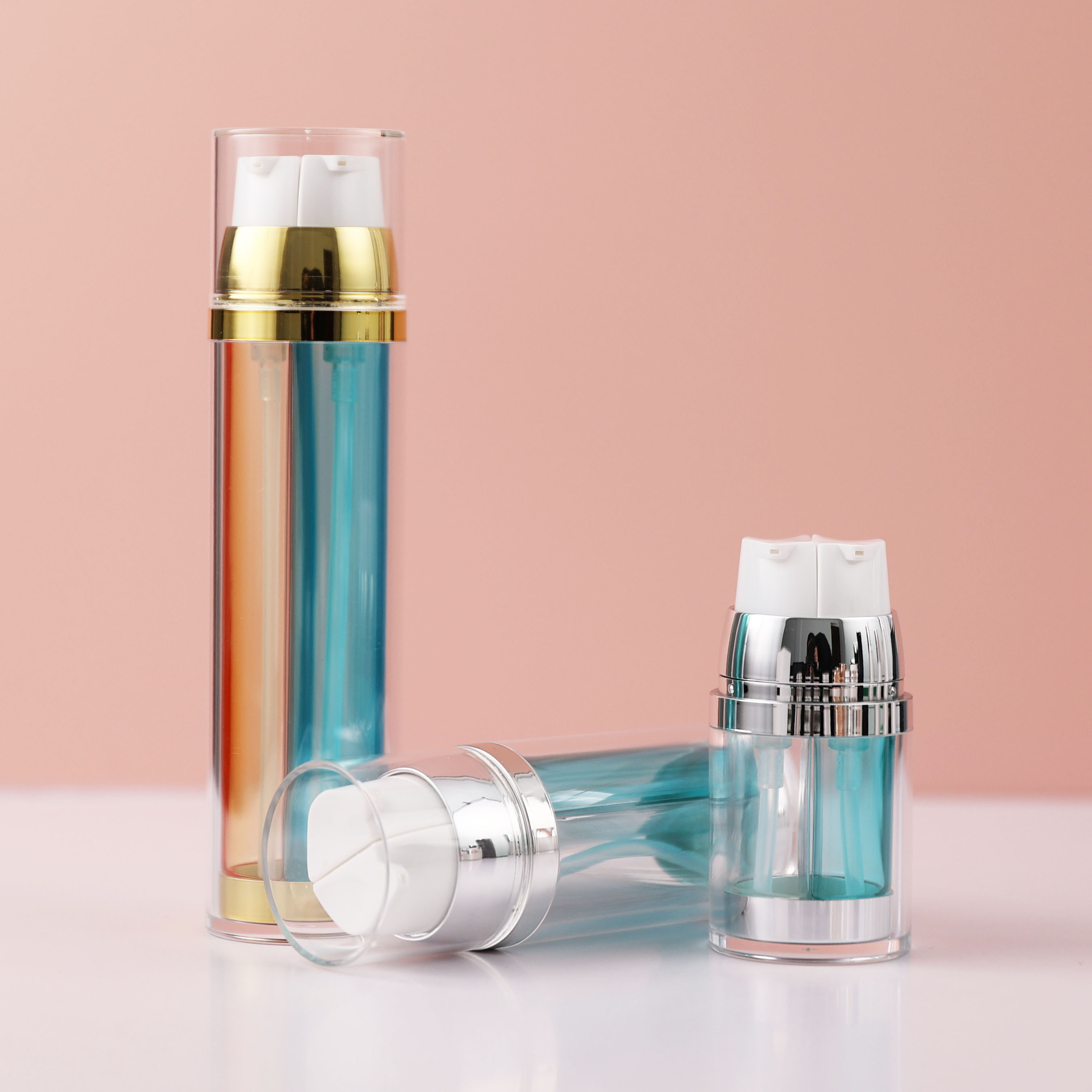 New Design Round 2 In 1 Double Tube Pump Bottle Custom Empty Dual Chamber Cosmetic Plastic Bottle