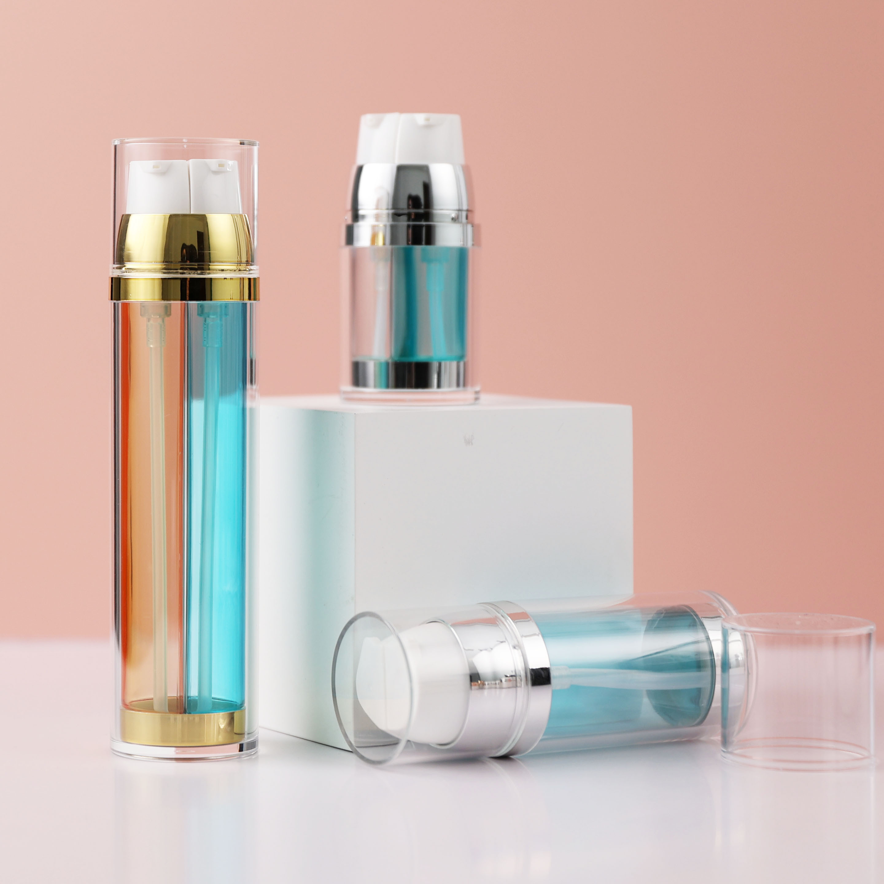 New Design Round 2 In 1 Double Tube Pump Bottle Custom Empty Dual Chamber Cosmetic Plastic Bottle