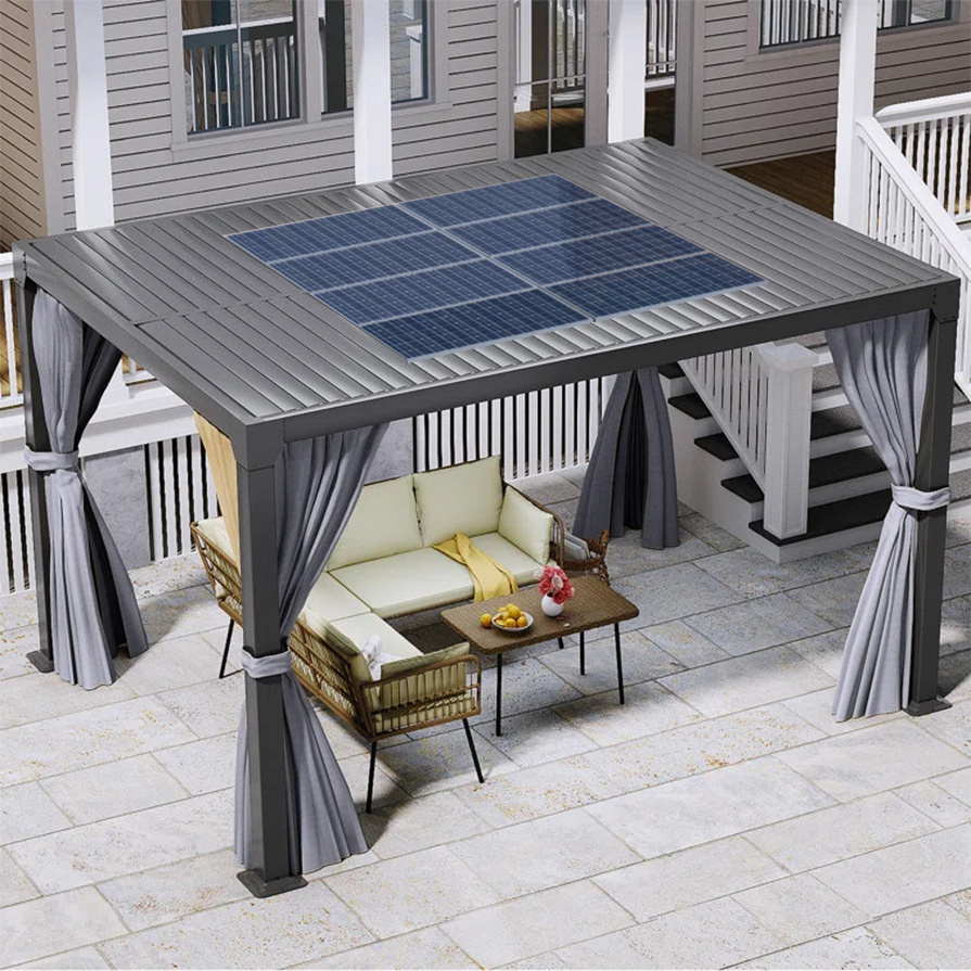 Customized outdoor solar panels pergola patio aluminum garden waterproof windproof shade balcony pergola solar metal pavilion