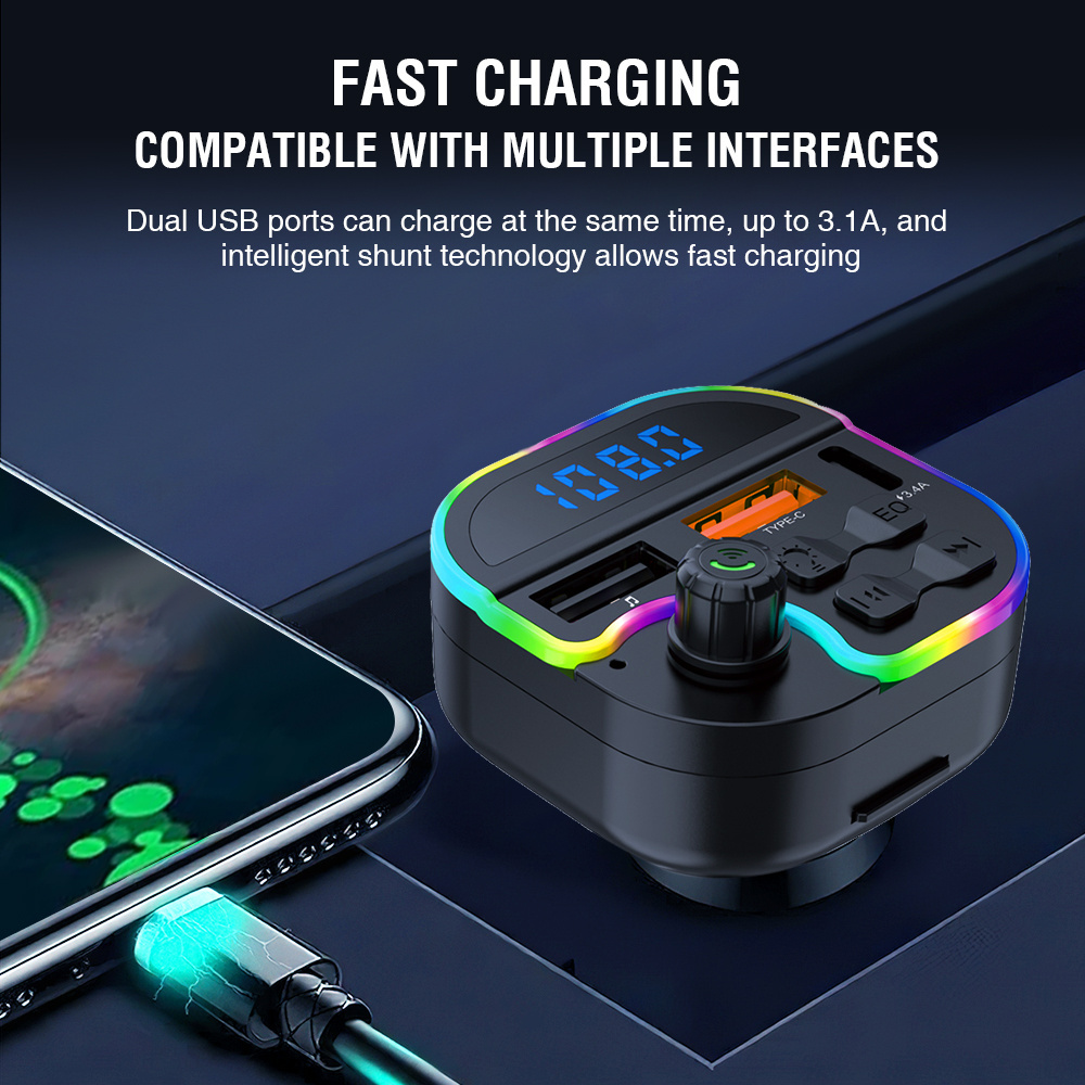 Wireless Blue Tooth Car Kit mp3 Music Player Bt 5.3 Handsfree Calling Dual Usb Car Charger Fm Transmitter with lED illumination