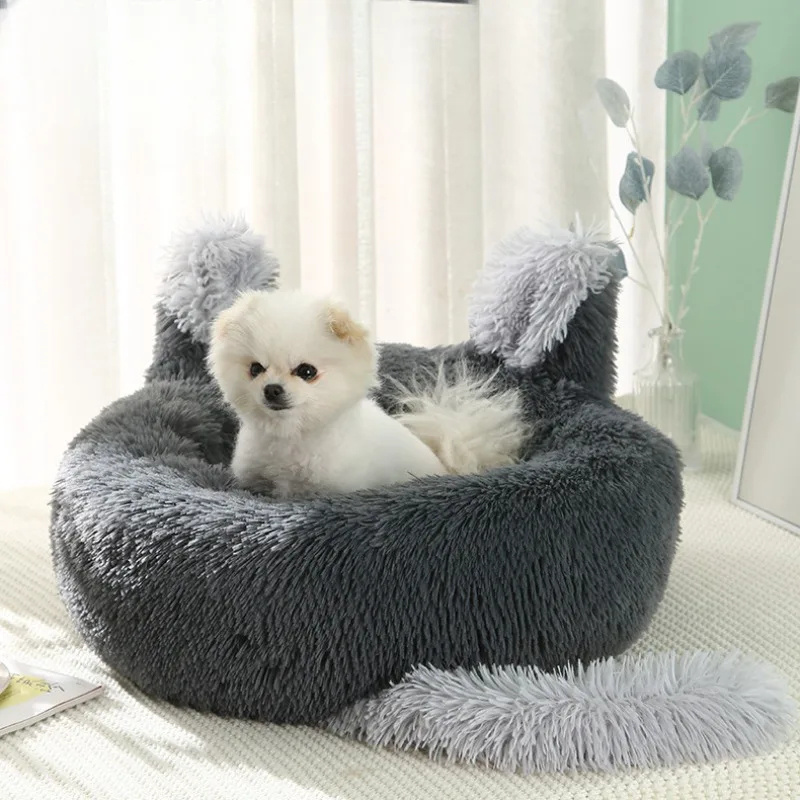 Wholesale Cute Comfortable Cat Bed Sofa Fluffy Plush Calming Puppy Bed Anti Anxiety Warm Pet Beds With Ear Tail