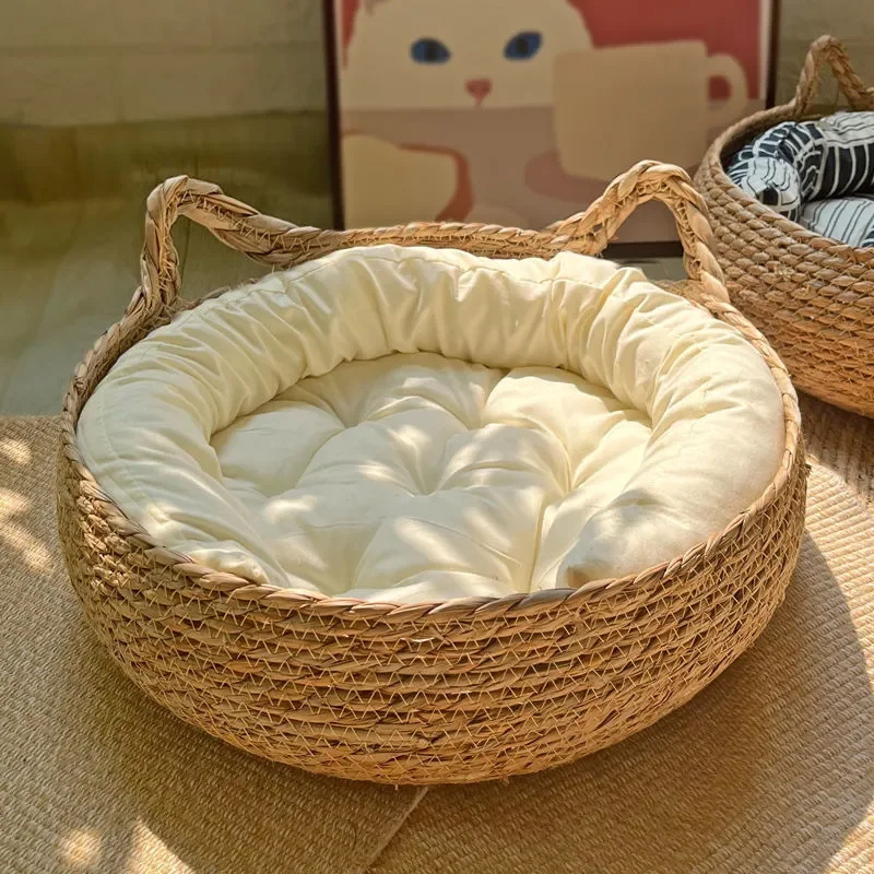 wholesale straw woven eco-friendly pet beds willow woven round dog beds Mattress Comfortable Dog Bed