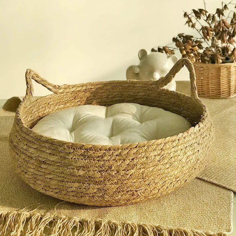 wholesale straw woven eco-friendly pet beds willow woven round dog beds Mattress Comfortable Dog Bed