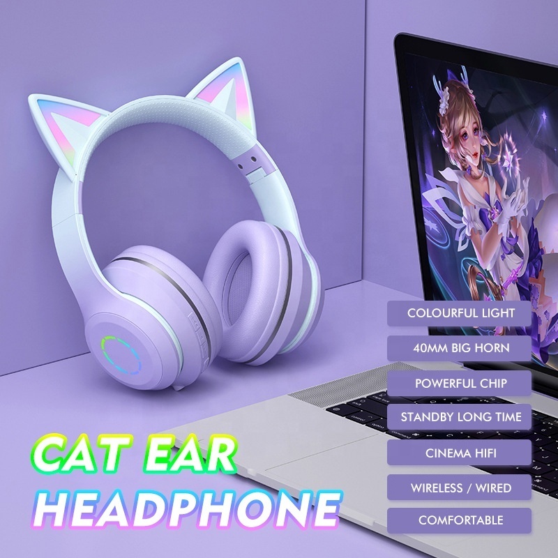 New Headphone ST89M Gradual Color LED Luminous Cute Cat Series Cat Ear Wireless Macaron Earphones