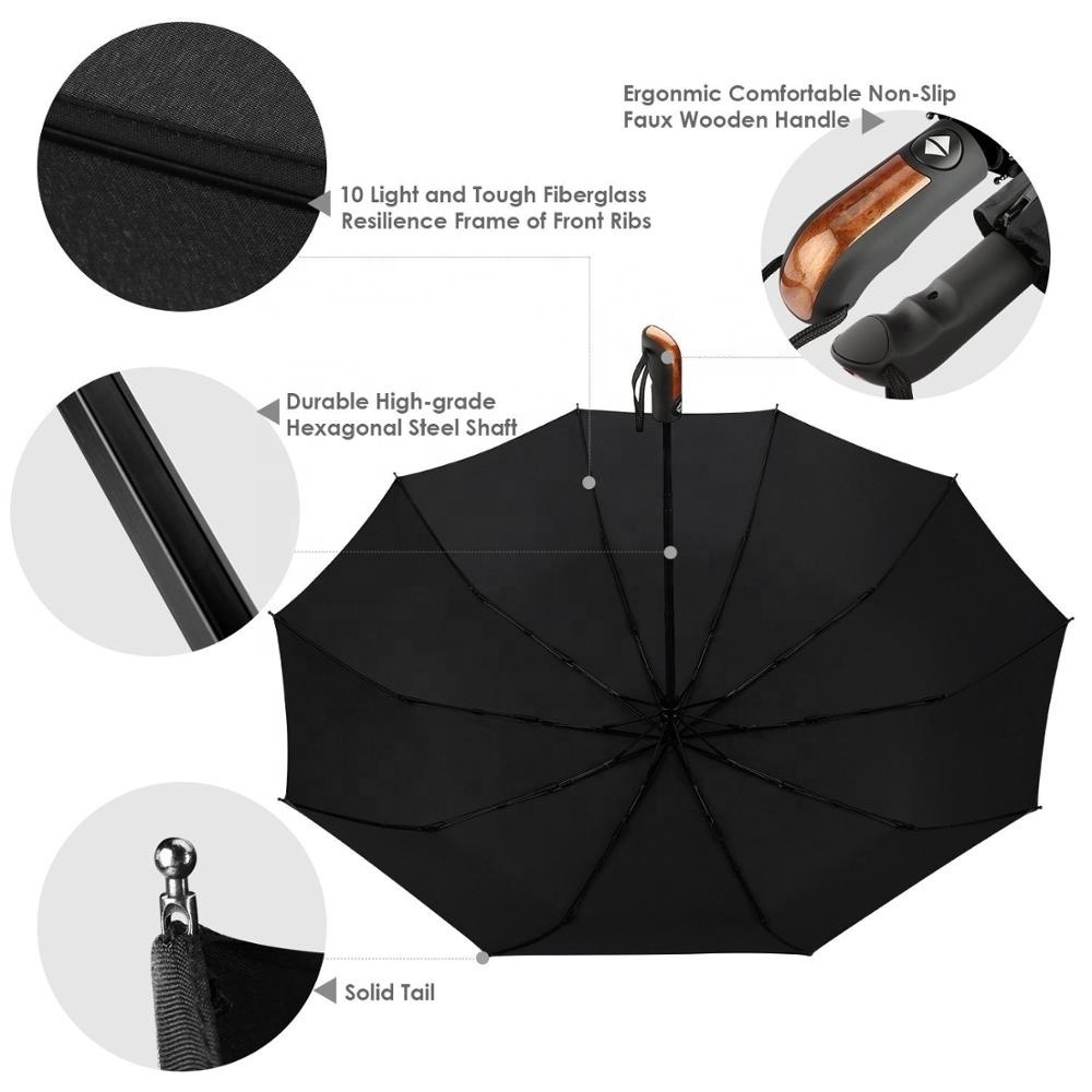 10 ribs durable automatic folding umbrella with wood handle