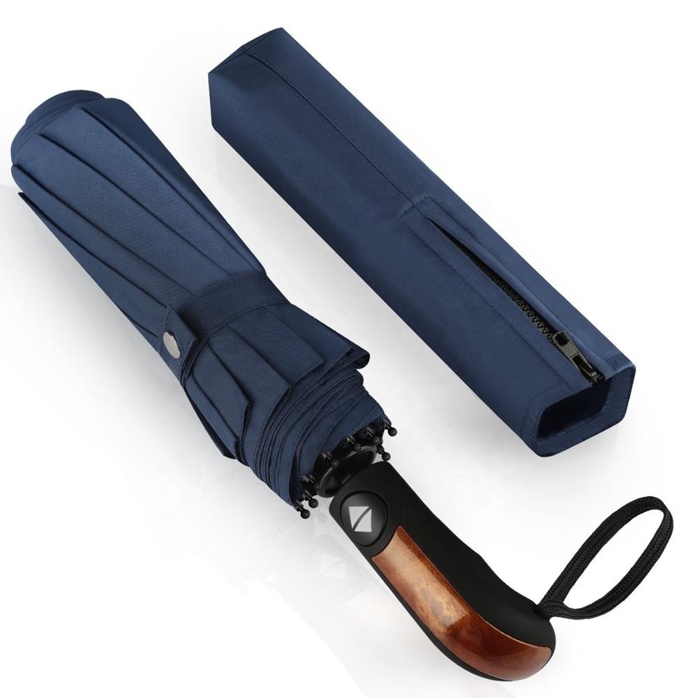 10 ribs durable automatic folding umbrella with wood handle