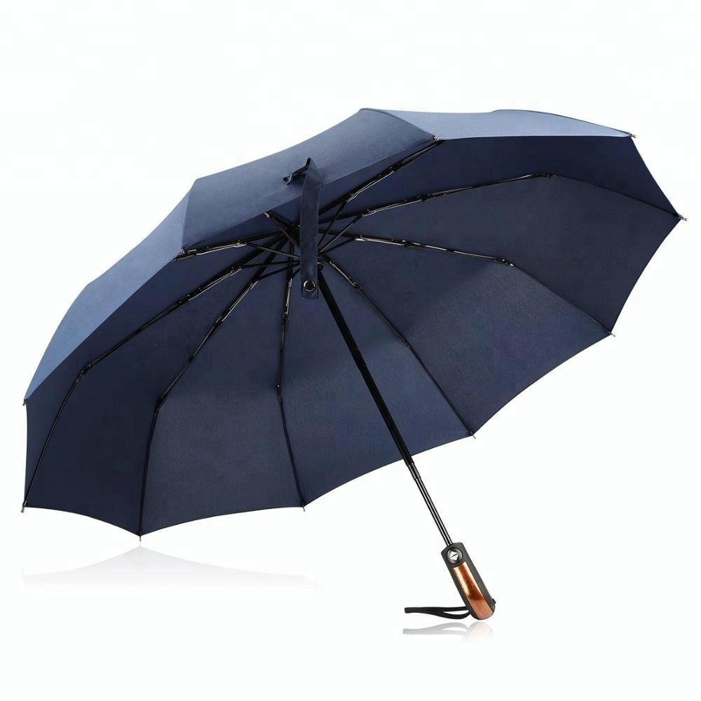 10 ribs durable automatic folding umbrella with wood handle