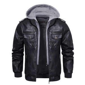 grey black coffee Leather Winter Coat Varsity Bomber Jacket Slim Zipper PU Jacket Men Leather Jacket with hood