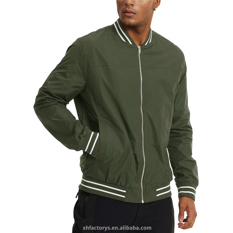 New design green black blue plain men plus size coat letterman lightweight satin bomber jacket with Striped collar for men