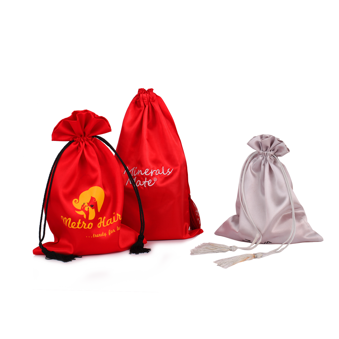 Custom personal logo drawstring hair storage pouch satin dust bag wholesale silky wig packing bags