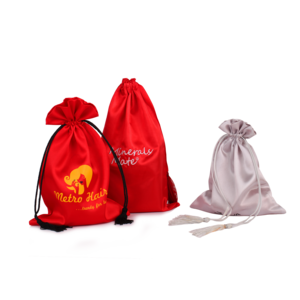 Custom personal logo drawstring hair storage pouch satin dust bag wholesale silky wig packing bags