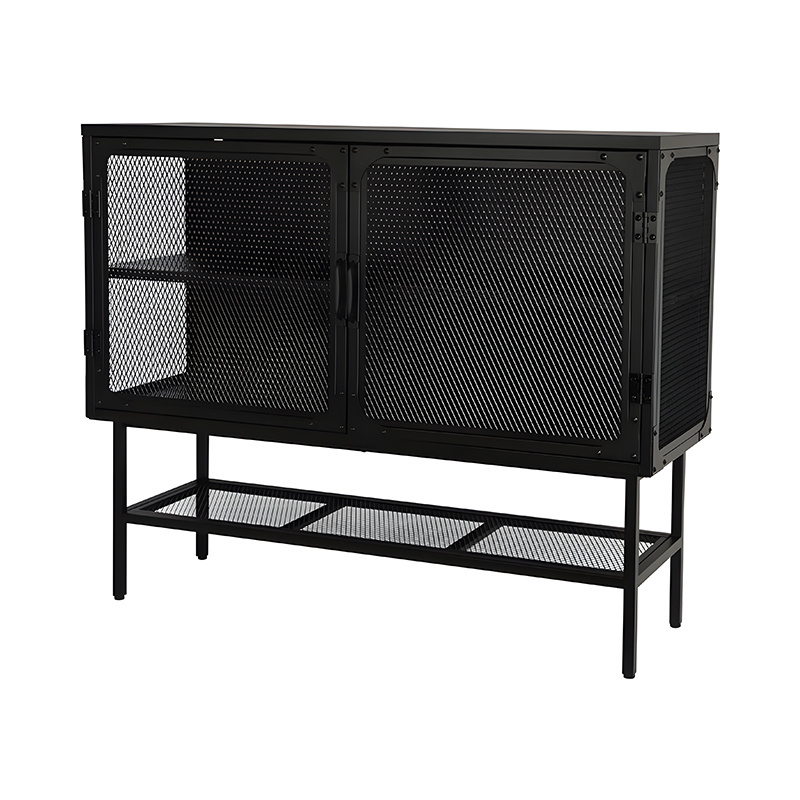 Living Room Cabinets Black Metal Mesh 2 Door 1 shelf Bar Cabinets Wine Display Cabinet with high feet