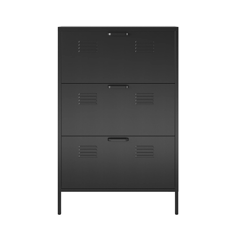 High quality non knock down black 3 drawers Metal shoe storage cabinet for heels boots slippers