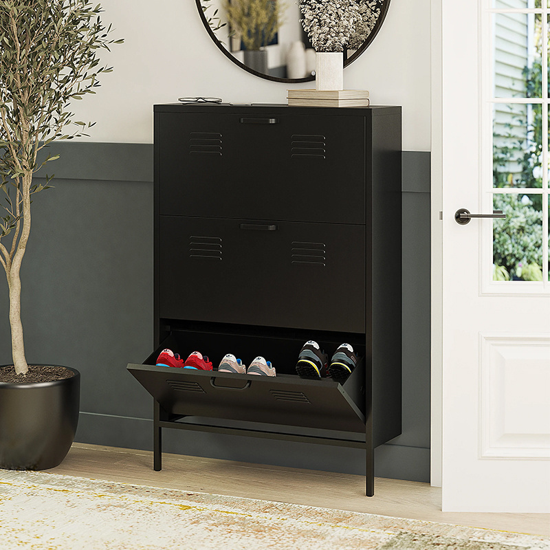 High quality non knock down black 3 drawers Metal shoe storage cabinet for heels boots slippers