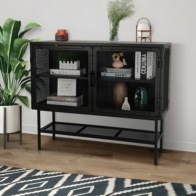 Living Room Cabinets Black Metal Mesh 2 Door 1 shelf Bar Cabinets Wine Display Cabinet with high feet