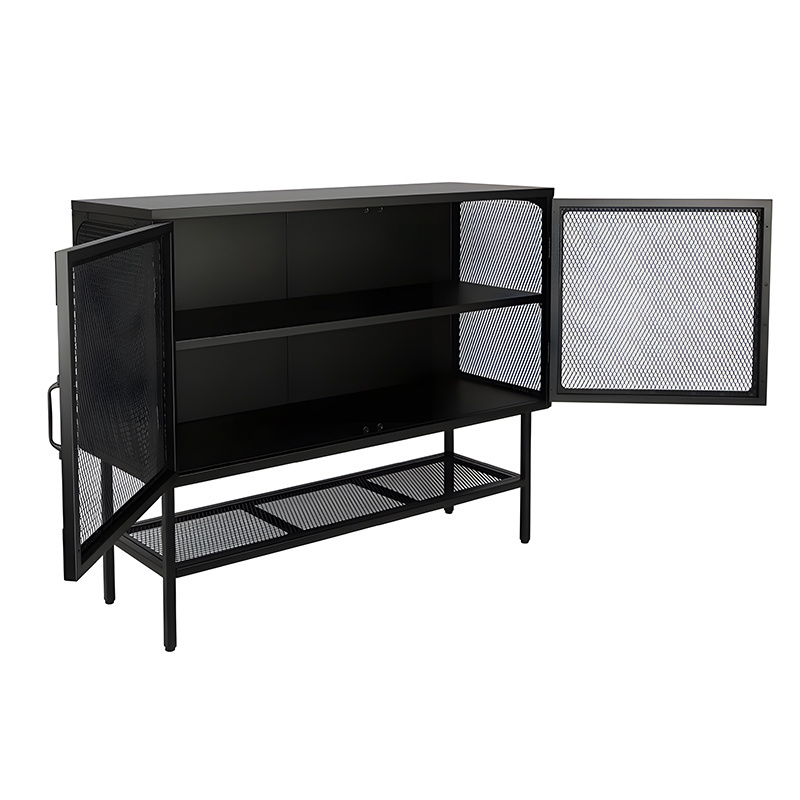 Living Room Cabinets Black Metal Mesh 2 Door 1 shelf Bar Cabinets Wine Display Cabinet with high feet