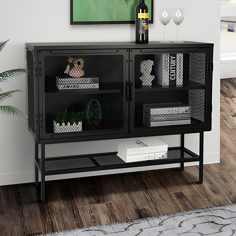 Living Room Cabinets Black Metal Mesh 2 Door 1 shelf Bar Cabinets Wine Display Cabinet with high feet